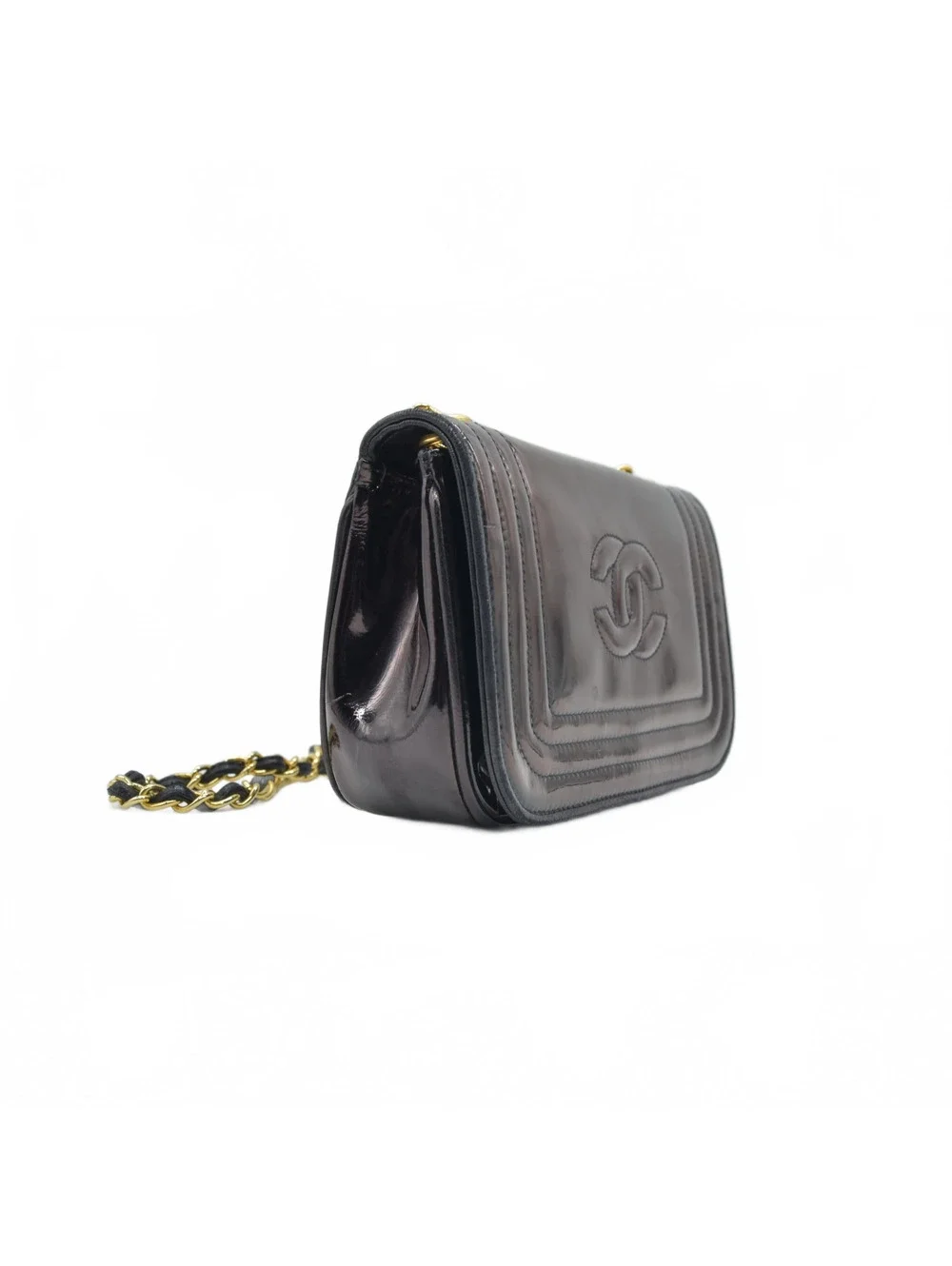 $3500 Chanel Patent Mini Flap Brown Chain Shoulder Bag